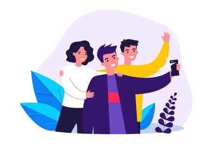 Selfie with friends flat vector illustration. Cartoon happy people smiling and taking group portrait photo. Friendship and technology conceptのイラスト素材