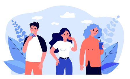 Group of people eating fast food outside. Takeaway drink, burger, snack flat vector illustration. Unhealthy habit, risk, lifestyle concept for banner, website design or landing web pageのイラスト素材