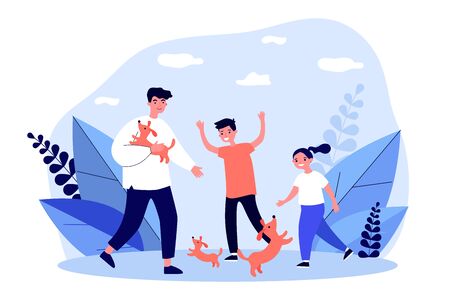 Happy children playing with puppies outside. Siblings, dog owners, pet flat vector illustration. Animal care, outdoor activities, childhood concept for banner, website design or landing web pageのイラスト素材