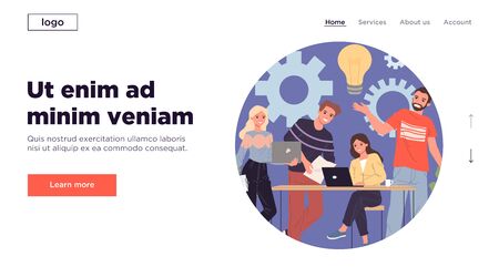 Successful team working together. Men and women brainstorming with laptops, lightbulb flat illustration. Corporate discussion, teamwork concept for banner, website design or landing web pageの写真素材