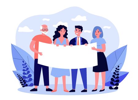 People gathering for protest. Diverse group standing together and holding blank banner flat vector illustration. Position and activism concept for banner, website design or landing web pageのイラスト素材