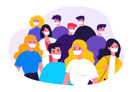 Crowd of people wearing medical face masks. Men and women protecting themselves from corona virus. Vector illustration for quarantine, safety, disease, outbreak conceptのイラスト素材
