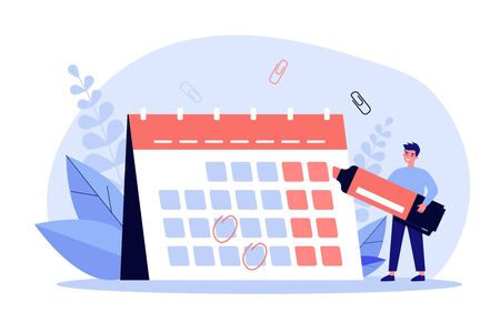 Young man with marker checking events in calendar flat vector illustration. Cartoon office employee planning schedule and agenda. Time management and deadline conceptのイラスト素材