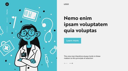 Female physician in white coat and glasses. Woman, practitioner, doctor office flat illustration. Examination, healthcare, occupation concept for banner, website design or landing web pageの写真素材