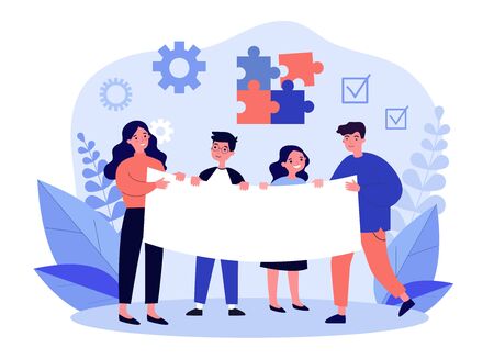 Young people with advertising poster. Students standing together and holding blank banner flat vector illustration. Holiday and event concept for banner, website design or landing web pageのイラスト素材