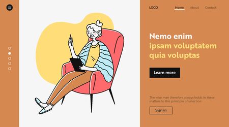 Elderly lady using online app on tablet. Old woman with device sitting in armchair flat illustration. Digital communication, internet concept for banner, website design or landing web pageの写真素材