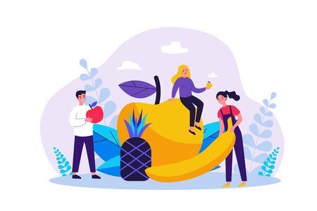Happy people keeping healthy diet. Men and women holding fruits, apple, pineapple, banana. Vector illustration for fitness, dietitian nutrition, organic food conceptのイラスト素材