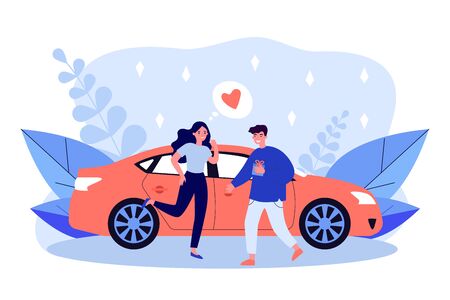 Happy couple dating meeting at car. Dating, giving gift, anniversary flat vector illustration. Romance, special date, transportation concept for banner, website design or landing web pageのイラスト素材