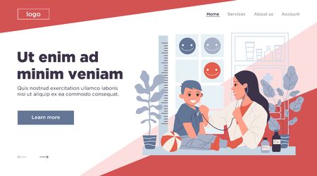Pediatrician examining little patient. Boy visiting doctor office flat illustration. Healthcare, child care, medical checkup concept for banner, website design or landing web pageの写真素材