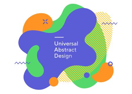 Roundish wavy flowing drops. Universal geometric figures, straight lines. Green and blue background with orange blobs and white text. Template for ad flyer, banner or slides.の写真素材