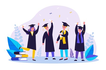 Happy graduated students flat vector illustration. Cartoon girls and guys celebrating academic diploma degree. Education and university certificate conceptのイラスト素材