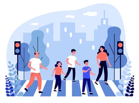 Family crossing street. Man, woman, kid, pedestrian, crosswalk flat vector illustration. Urban traffic, city, rules concept for banner, website design or landing web pageのイラスト素材