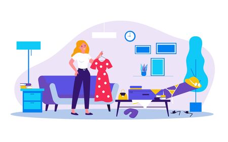 Young girl packing bag for travel flat vector illustration. Cartoon lady choosing clothes for trip, standing near open suitcase. Preparation and vacation conceptのイラスト素材