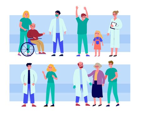 Hospital doctors and patients set. Flat vector illustrations of nurses, senior people in wheelchair and kid. Medical consultation and assistance concept for banner, website design or landing web pageのイラスト素材