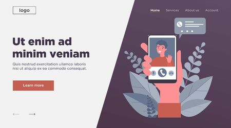 Person holding smartphone and calling via video chat mobile app flat vector illustration. Cute man waving by hand from telephone screen. Digital technology and communication concept.のイラスト素材