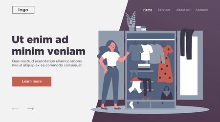 Woman standing near opened closet and looking at dresses flat vector illustration. Pile of clothes laying in wardrobe. Organization and arrangement concept.のイラスト素材