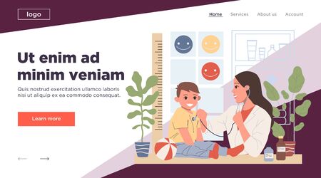 Pediatrician examining little patient. Boy visiting doctor office flat illustration. Healthcare, child care, medical checkup concept for banner, website design or landing web pageの写真素材