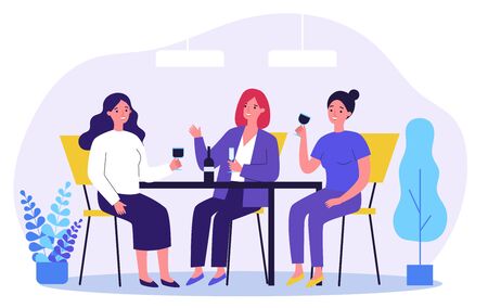 Happy female friends hanging out in cafe. Cheerful women sitting at table, talking, laughing, drinking wine. Vector illustration for communication, friendship, friendly meeting conceptのイラスト素材