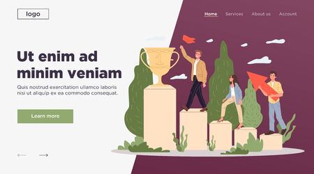 Best business team winning prize cup. Winners with flag walking upstairs on podium flat illustration. Growth, award, success concept for banner, website design or landing web pageの写真素材