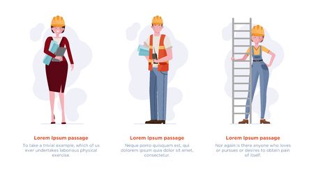 Architects and engineers set. Builders in hardhats, foreman flat illustration. Construction site, building, engineering concept for banner, website design or landing web pageの写真素材