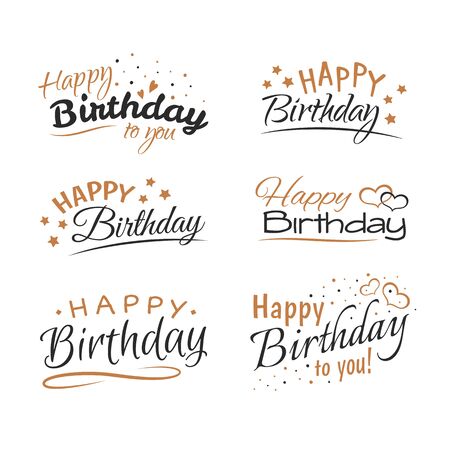 Happy birthday lettering collection. Handwritten text, calligraphy, black and gold letters. Can be used for greeting cards templates, festive posters and banners designのイラスト素材