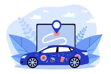Car with food stickers. Restaurant courier vehicle, location app, address flat vector illustration. Service, food delivery, online order concept for banner, website design or landing web pageのイラスト素材