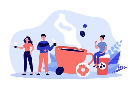People at coffee break flat vector illustration. Tiny man and women relaxing, talking and drinking coffee. Communication and office experience conceptのイラスト素材