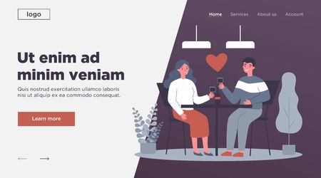 Happy young couple dating in restaurant on Valentines day. Man and woman sitting at table, drinking wine, celebrating anniversary. Vector illustration for relationship, love, romantic dinner conceptのイラスト素材