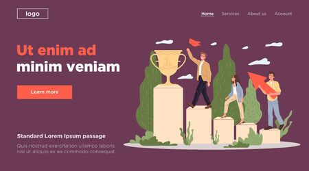Successful team walking upstairs on podium. Award, winning, prize cup flat illustration. Leadership, top, triumph concept for banner, website design or landing web pageの写真素材