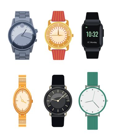 Elegant wristwatches flat icon collection. Isolated Digital hand watches for men and women vector illustration set. Isolated watches with bracelets. Fashion and time conceptのイラスト素材