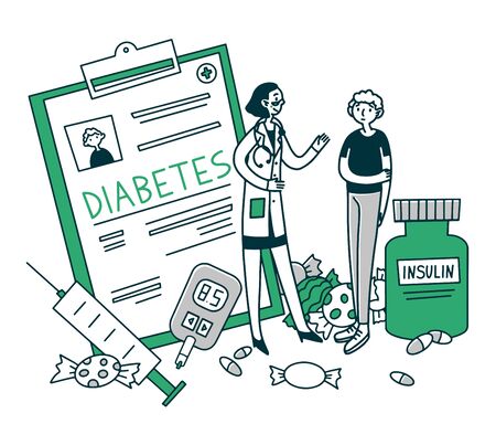 Diabetes patient diagnostic. Young man consulting doctor, insulin, sugar, syringe flat illustration. Healthcare, treatment, disease concept for banner, website design or landing web pageの写真素材