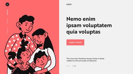 United family couple with two kids. Young parents hugging son and daughter flat illustration. Parenthood, relationship, lifestyle concept for banner, website design or landing web pageの写真素材
