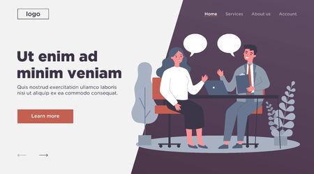 Candidate and HR manager having job interview. Business man and woman meeting at table, talking with speech bubbles. Vector illustration for conversation, career, human resource conceptのイラスト素材