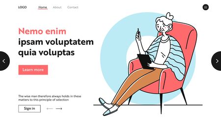 Senior woman using pad and stylus. Elderly lady using internet app on tablet flat illustration. Digital technology, communication concept for banner, website design or landing web pageの写真素材