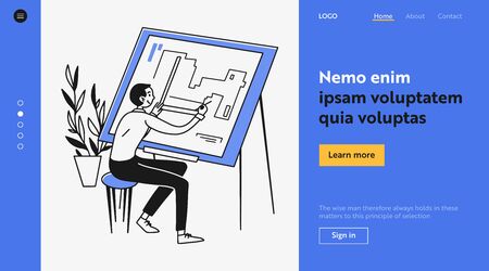 Engineer drawing house blueprint. Architect working on sketch, draft, project flat illustration. Engineering, job, building concept for banner, website design or landing web pageの写真素材