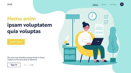 Happy freelance worker working with laptop at home. Woman sitting in armchair, using computer. Vector illustration for freelancer, morning, planning, routine conceptのイラスト素材