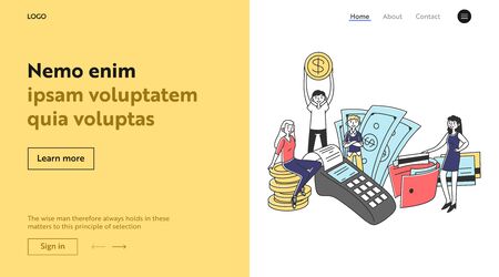 Shoppers paying for purchase by cash or credit cards. Money, receipt, POS terminal flat illustration. Payment, transaction, finance concept for banner, website design or landing web pageの写真素材