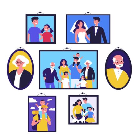 Pictures of happy family in frames on wall. Just married couple, parents, children, senior people framed photos. Vector illustration for photography, togetherness, dynasty, home gallery conceptのイラスト素材