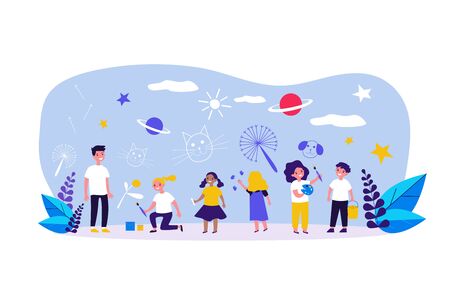 Multiethnic group of children drawing with crayons, paintbrushes, paints. Happy kids painting on wall. Vector illustration for childhood, imagination, leisure conceptのイラスト素材