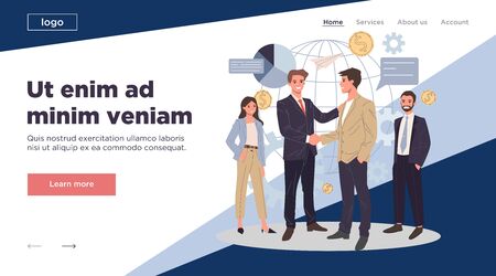 Global business partnership flat illustration. International teamwork, negotiation and success concept. Two partners shaking hands and making agreement.の写真素材