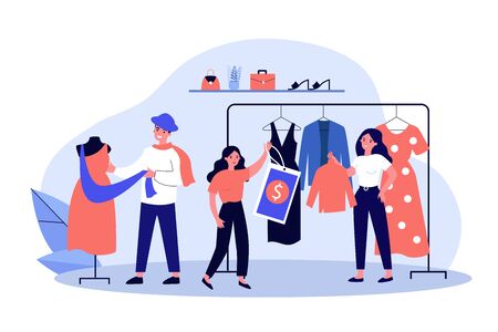 Shop sellers and assistance hanging clothes and price tags on racks. Main master designer dressing mannequin. Vector illustration for boutique, fashion house, industry, clothing design conceptのイラスト素材