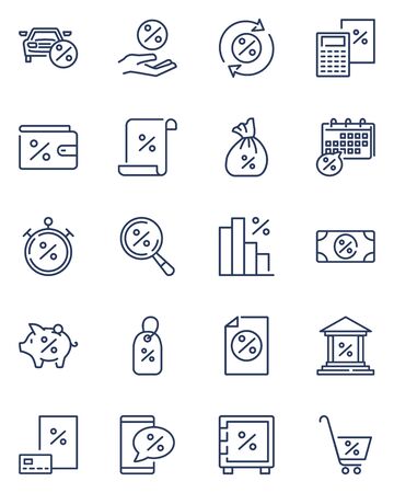 Bank interest line icon set. Loan product with percent sign, mortgage, debt, car credit, calculator, payment schedule, discount. Vector icon collection for economic, money, finance, investment topicsのイラスト素材