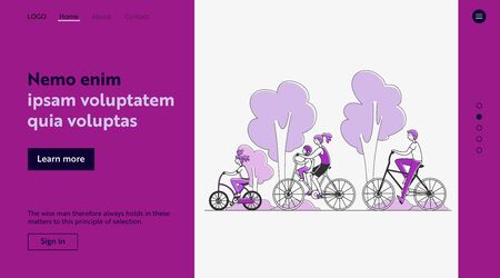 Family couple with two kids riding bikes outdoors. Parents and children cycling in summer park. illustration for togetherness, active lifestyle, recreation conceptの写真素材
