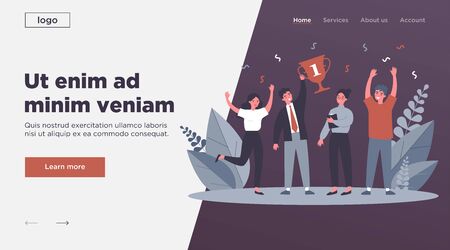 Happy business team winning prize. Winners celebrating achievement and holding trophy cup. Vector illustration for teamwork, award, corporate success conceptのイラスト素材