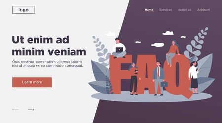 FAQ giant letters. Frequently asked questions page template. Users searching useful information, instruction for problem solving. Vector illustration for help, support, assistance conceptのイラスト素材