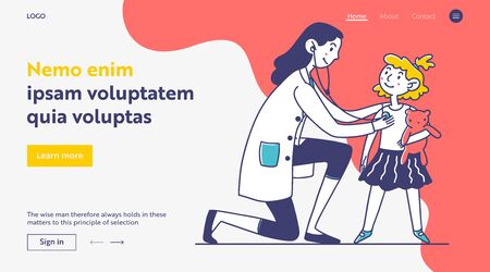 Doctor examining little patient. Toddler girl with toy visiting practitioner flat illustration. Childhood, health, examination concept for banner, website design or landing web pageの写真素材