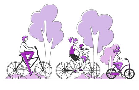 Family couple with two kids riding bikes outdoors. Parents and children cycling in summer park. illustration for togetherness, active lifestyle, recreation conceptの写真素材