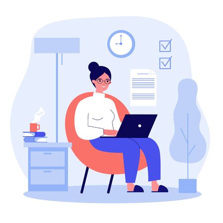 Happy freelance worker working with laptop at home. Woman sitting in armchair, using computer. illustration for freelancer, morning, planning, routine conceptの写真素材