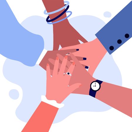 Arms of multiethnic women making unity, togetherness and support gesture. Stack of female hands. illustration for teamwork, cooperation, feminism, community, cooperation conceptの写真素材