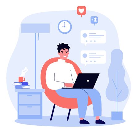 Happy guy using computer for online chat. Young man with laptop sitting in armchair at home. illustration for communication, social media network, digital marketing conceptの写真素材